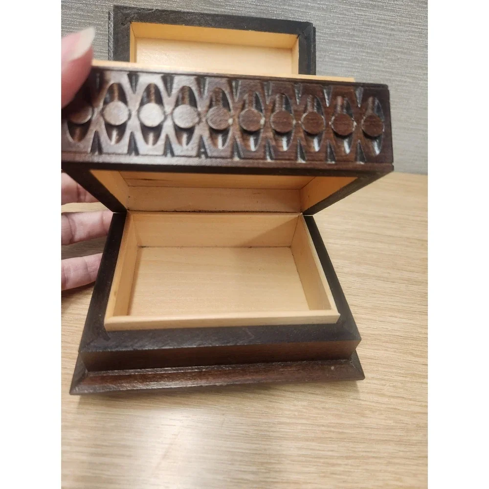 Vintage Hand Carved Wood Double Secret Compartment Hinged Trinket Or Jewelry Box